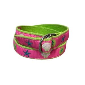 Douglas Paquette Pink Green Sea Shell Starfish D-Ring Canvas Belt Womens Medium